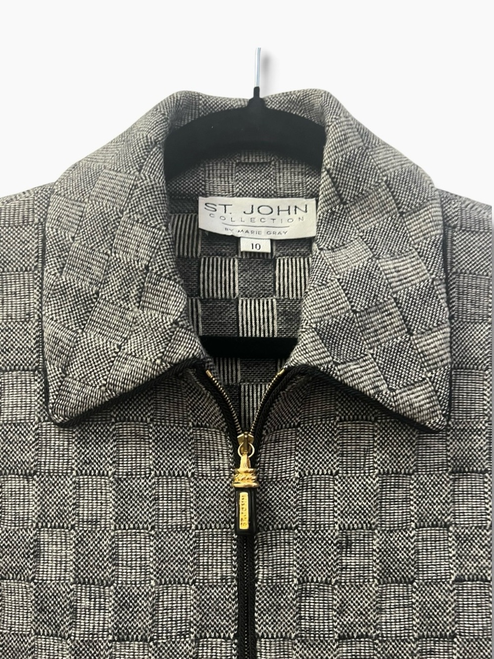 St. John Collection Marie Gray Basketweave Knit Zip Jacket Black Ivory Gold 10